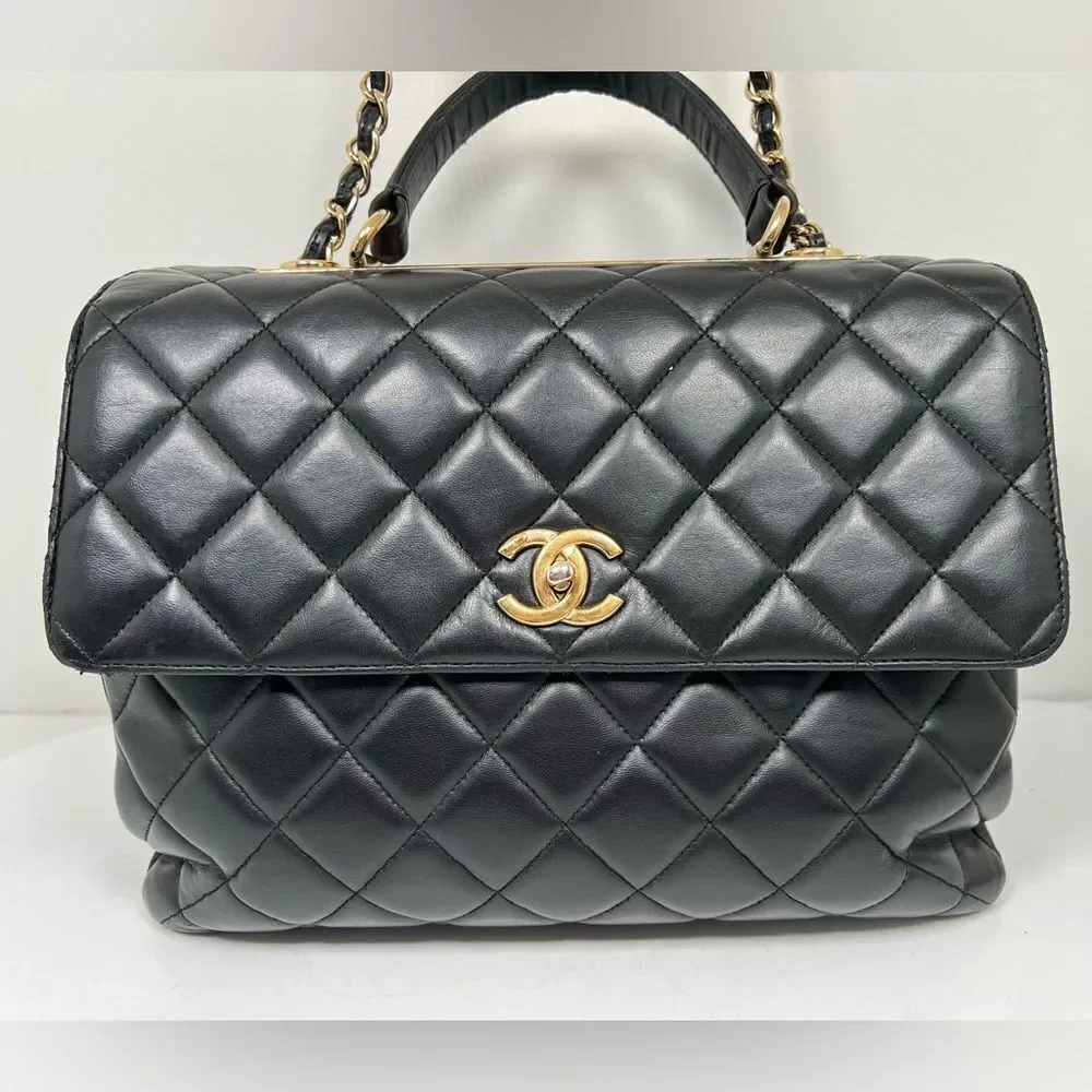Chanel Large Trendy Top Handle Black Quilted Shoulder Hand Bag Gold Hardware